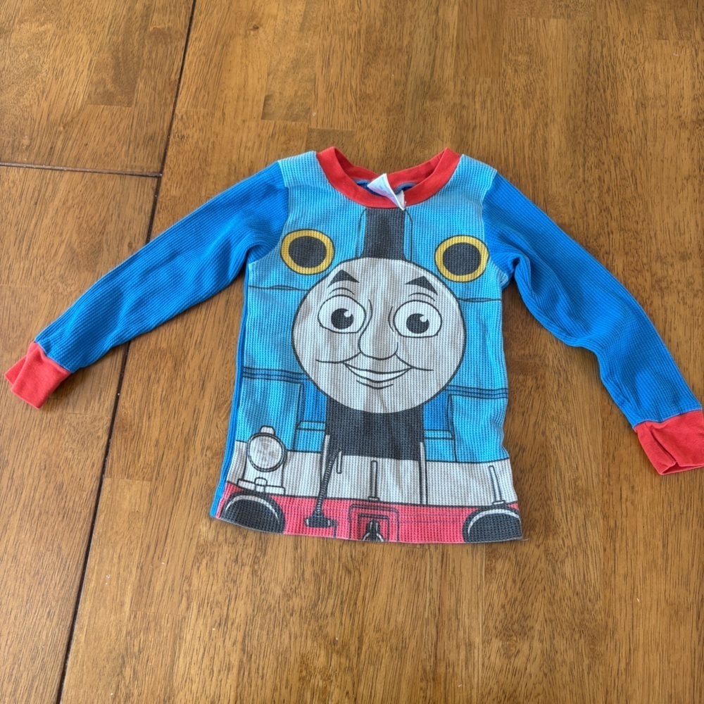 ? Vintage Thomas & Friends Kids Blue Red Train Long Sleeve Shirt waffle thermal
